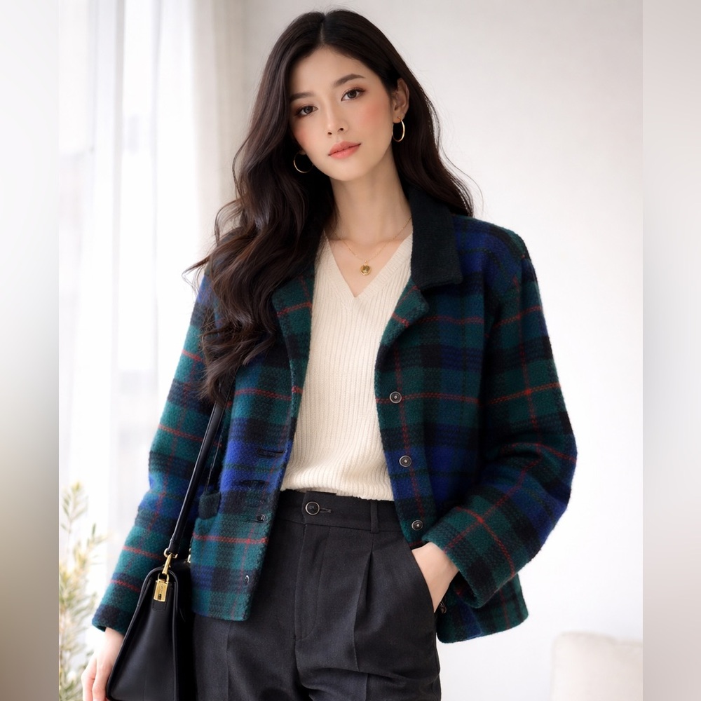 Vintage Blue, Green & Red Plaid Wool Cardigan Size L